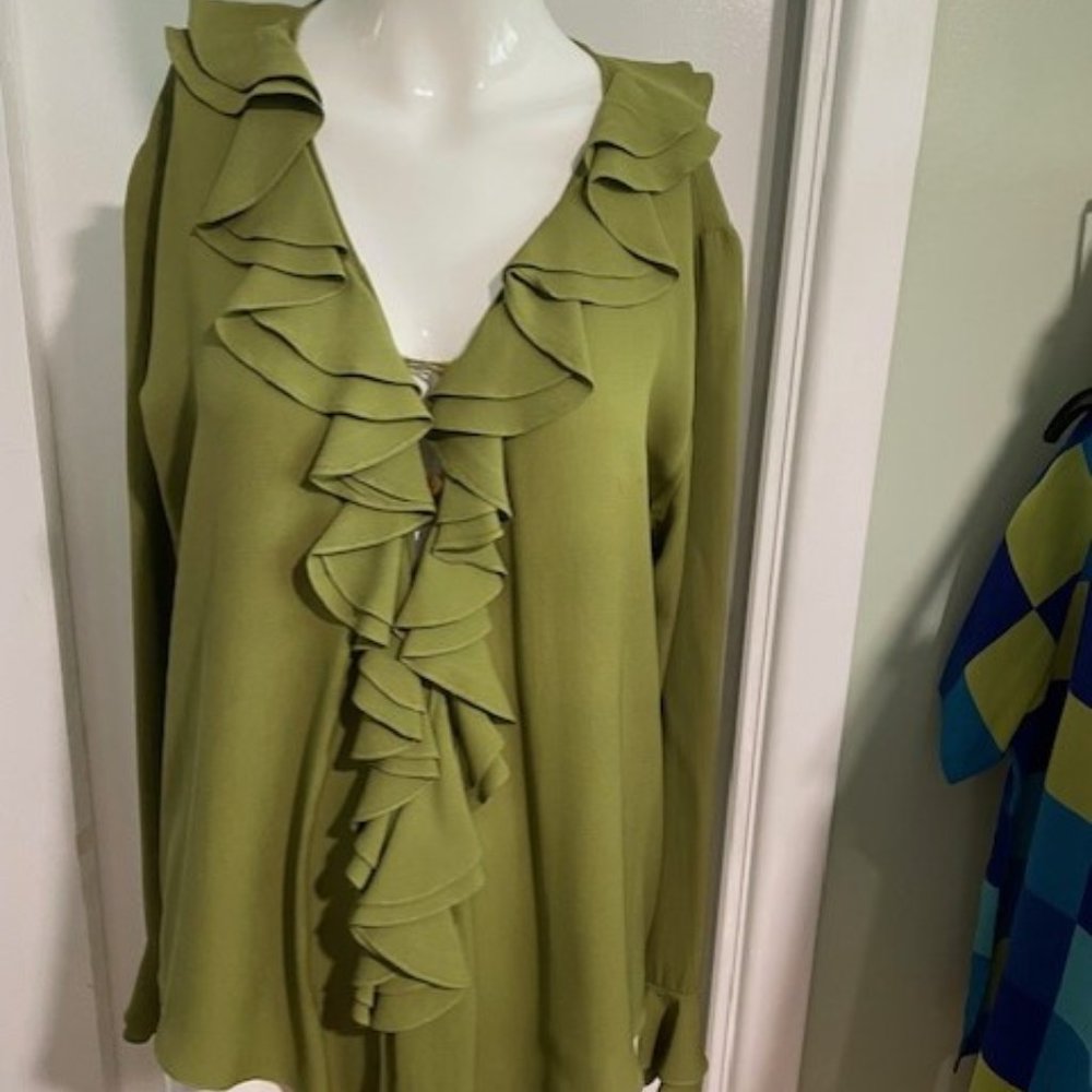 Silk Ruffled Blouse Olive Green - Picture 2 of 5